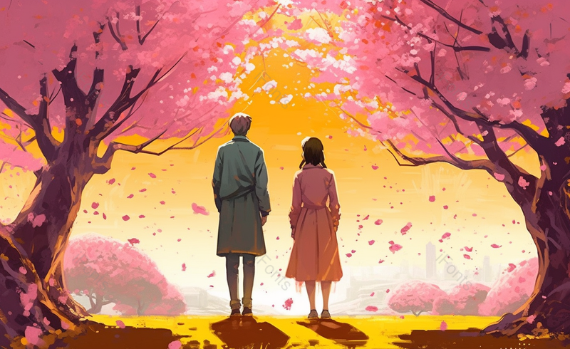 情人节插画手绘卡通唯美浪漫情侣樱花原创插画素材观看落日,插画/手绘图,插画/手绘图库,插画/手绘图下载,插画/手绘